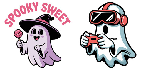 Cute Halloween Ghost Characters Vector Set - Spooky Sweet Witch and Gamer Ghosts