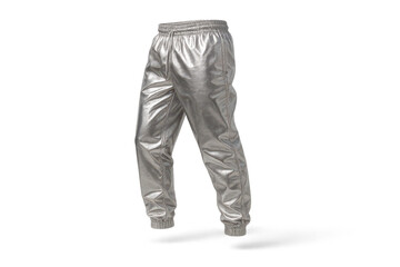 Metallic silver jogger pants isolated on transparent background, trendy style