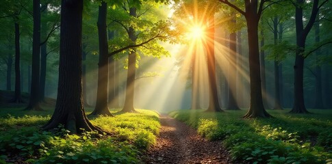 Obraz premium Sunlight dapples the forest floor, illuminating a tranquil woodland scene Ancient trees stand tall, casting long shadows A peaceful, natural habitat , forest floor, forest