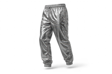 Metallic silver track pants isolated on transparent background, sporty style