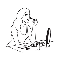Black and white line art of a beautiful woman doing makeup at dressing table with mirror illustration