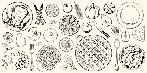 Hand drawn sketch of a thanksgiving feast with roasted chicken pies fruits and vegetables