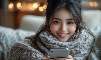 A young woman smiles warmly, holding a phone while wrapped in a cozy knit blanket.  Soft lighting creates a comfortable atmosphere