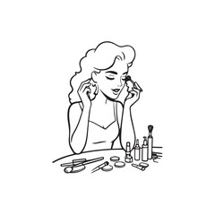 Black and white line art of a beautiful woman doing makeup at dressing table with mirror illustration