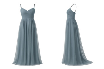 Elegant dusty blue chiffon dress isolated on transparent background, front and side view