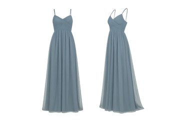 Elegant blue chiffon gown isolated on transparent backdrop, formal dress