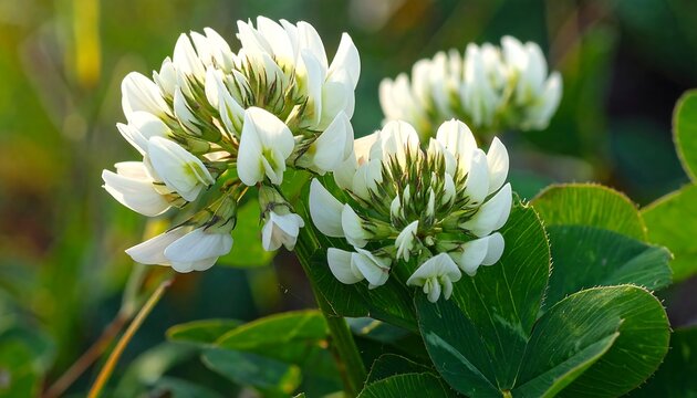 Close-up of delicate white clover blossoms