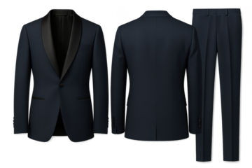 Elegant men's dark blue tuxedo suit, isolated on transparent background, cutout