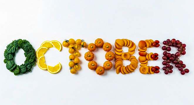 The word october is creatively spelled out using fresh fruits and vegetables, including kale, oranges, cherry tomatoes, apricots, and grapes, arranged on a clean white background