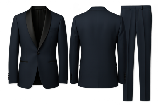 Elegant men's dark blue tuxedo suit, isolated on transparent background, cutout