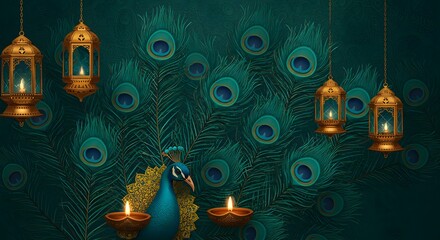 A majestic peacock adorned with glowing diyas and decorative lanterns, set against a backdrop of intricate peacock feathers for a festive occasion