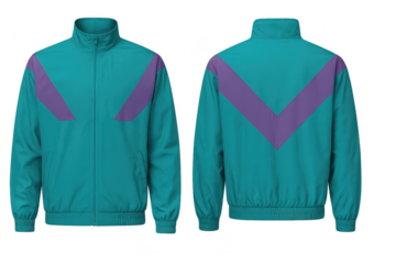 Retro track jacket isolated on transparent background, teal with purple accents