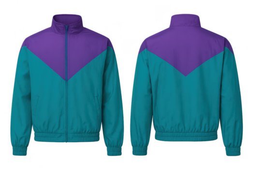 Stylish retro track jacket isolated on transparent background, front and back
