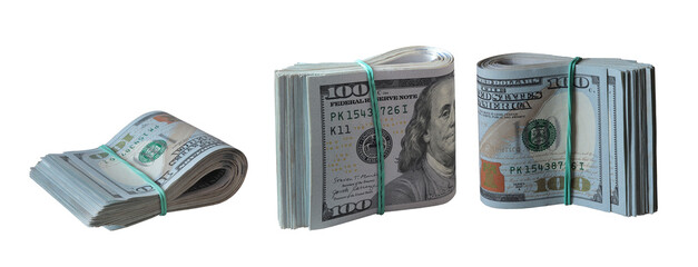 Folded hundred dollar bills money stacks isolated.