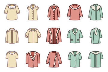 Flat illustrations of tops with clean outlines, featuring a variety of collar and neckline designs.