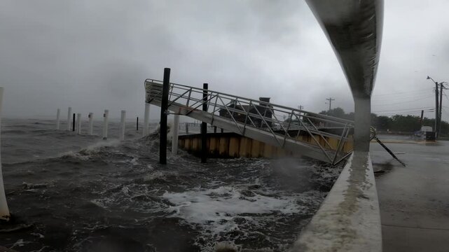 Waves hit seawall and dock