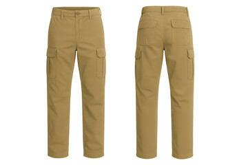 Khaki cargo pants, front and back view, isolated on a transparent background