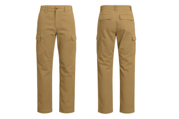 Khaki cargo pants, front and back views, isolated on transparent background.