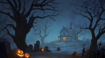 Halloween Background with Spooky Forest Pumpkins Haunted House Full Moon and Dark Night Scene