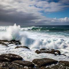 Fototapeta premium Ocean Fury - Waves Crashing on Rocks Under a Cloudy Sky.