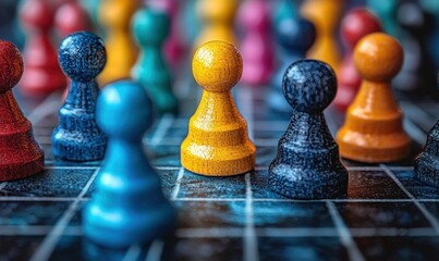 Close-up of colorful game pieces on a game board