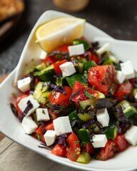 Colorful salad with fresh vegetables and feta cheese served in a white bowl on a wooden table