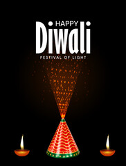 Colorful anar firecracker bursting with diyas celebrating joyous Diwali festival night