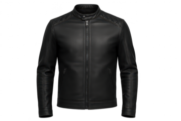 Stylish black leather jacket isolated on transparent background, modern design