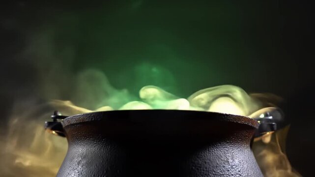 Close-up of a bubbling cauldron with green and yellow smoke rising upwards.