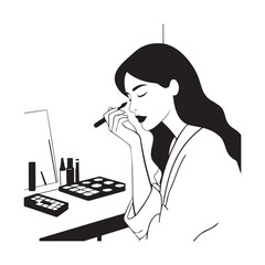 Black and white line art of a beautiful woman doing makeup at dressing table with mirror illustration