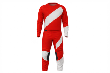 Red and white motocross racing suit, full gear, isolated on transparent background