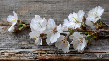 Delicate white blossoms on rustic wood spring nature beauty