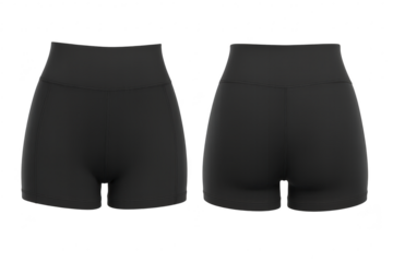 Black women's athletic shorts front and back view isolated on transparent background.