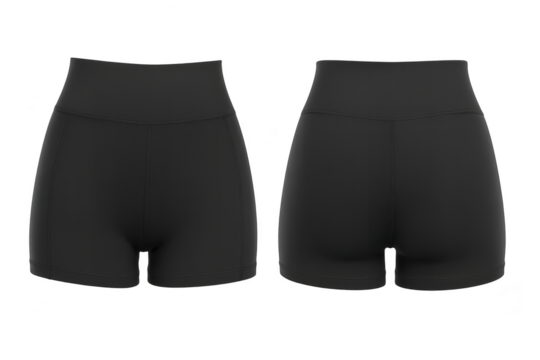 Black women's athletic shorts front and back view isolated on transparent background.