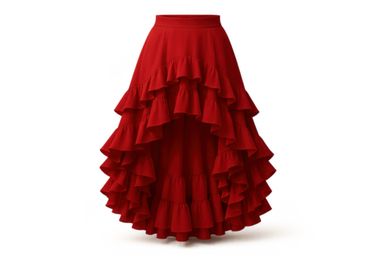 Vibrant red tiered ruffle skirt, high-low design, isolated on a transparent background
