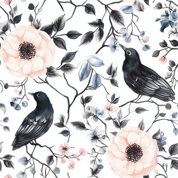 Seamless repeat pattern, abstract blue, black floral background with birds and leaves on white background. Watercolor style for home decor, wallpaper, print, bedding, card designs.