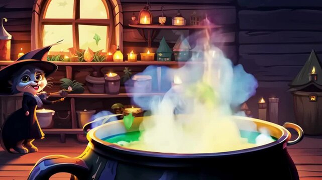 A fun and spooky animated video of a cartoon cat dressed as a witch, making a potion in a large cauldron