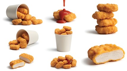 Delicious Chicken Nuggets Composition on White Background Perfect for Fast Food Advertising and Culinary Design Projects