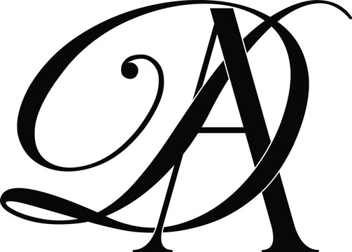 A sophisticated hand drawn black calligraphic monogram featuring the intertwined letters D and A. This elegant design is presented on a clean white background, ideal for various branding applications.