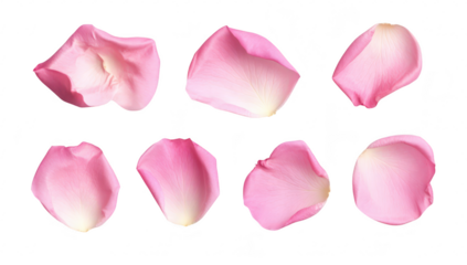 A delicate arrangement of pink rose petals scattered on a clean white background. evoking a sense of romance and beauty. perfect for use in floral designs or wedding themes