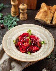 Delicious red salad served on a plate with fresh herbs and crispy bread in a cozy dining setting