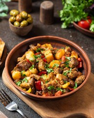 Delicious stew with tender meat and vegetables served in a rustic bowl on a wooden table