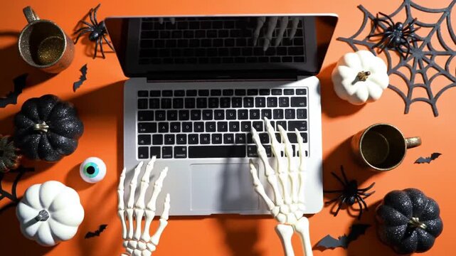 Spooky Halloween workspace featuring a laptop, skeleton hands, and festive decorations on a vibrant orange surface.