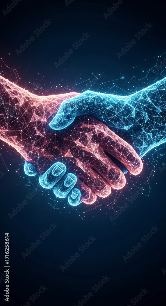 Poster abstract image of two hands shaking, rendered in glowing blue and red polygonal network style, symbo