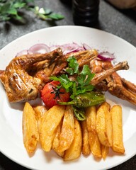 Grilled chicken with fried potatoes and fresh vegetables served on a plate