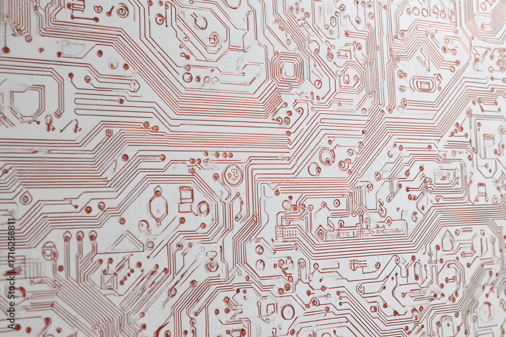 Poster intricate circuitry design on a white background detailed red copper wiring pattern electronic compo