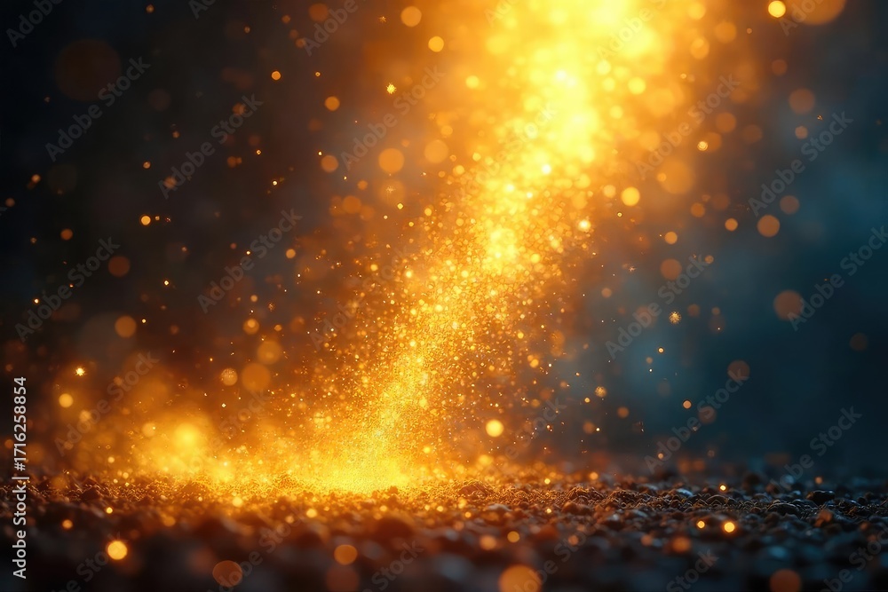 Poster a sunbeam illuminates golden particles floating in the air, creating a celestial, ethereal glow perf