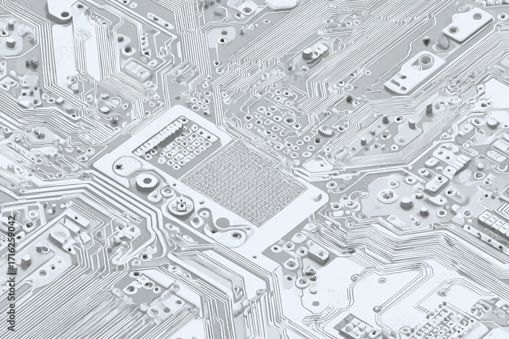 Poster detailed close up of a circuit board showing intricate wiring and components in grayscale