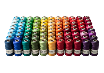 Rows of colorful embroidery floss spools arranged in a rainbow gradient isolated on transparent background, perfect for sewing and crafting projects