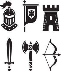 Medieval knight, castle, weapons, and banner icons